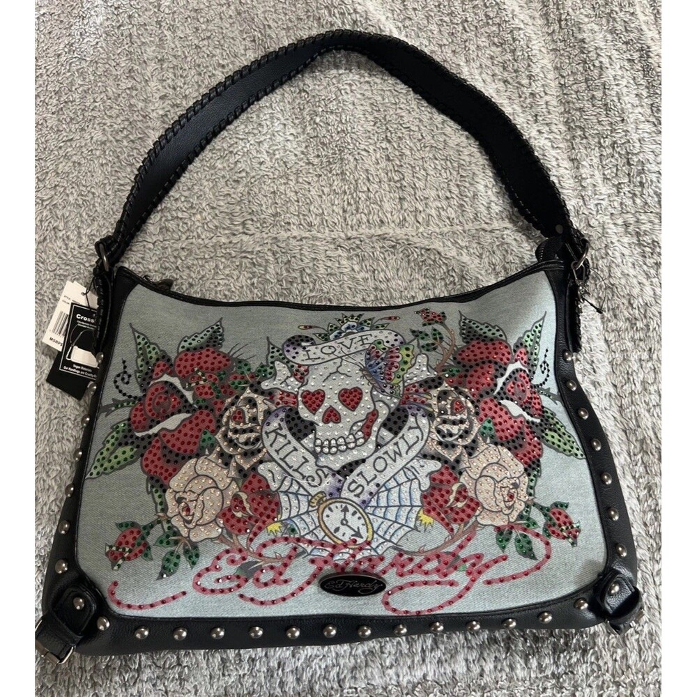 Ed Hardy Denim Studded Shoulder Bag NWT Punk Biker Grunge